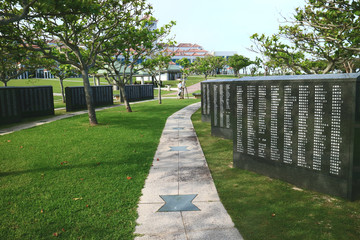 The Cornerstone of Peace in Itoman, Okinawa, Japan. Commemorating the Battle of Okinawa and the...