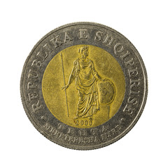 100 albanian lek coin (2000) reverse isolated on white backgroun