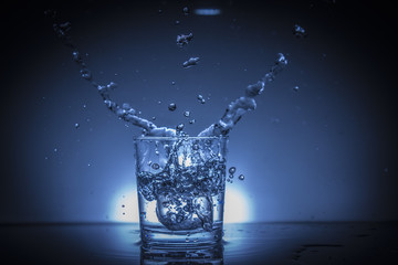 Watre splash on dark blue background.