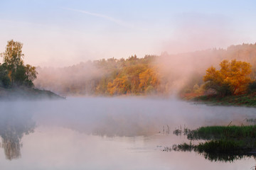 Fototapeta premium Dawn on the river, fog