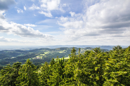 View over the bavarian forest with some clouds and sunshine