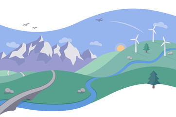 Obraz premium Krajobrazowa scena z górami i farmą wiatrową - prosta i piękna scena krajobrazowa w czystym i płaskim stylu z płynnymi krzywiznami.