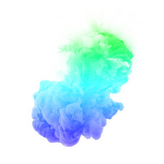 Colorful Ink Cloud in Water . Green Blue Purple Dye Explosion on White Background