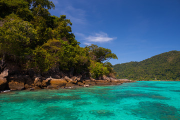 A clear water of beautiful ocean in Tropicana with blue sky located south of thailand