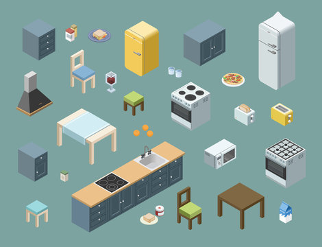 Vector isometric set of kitchen furniture, 3d flat interior design icons.