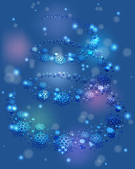 Blizzard swirls in a spiral snowflakes and festive lights on a blue base. EPS10 vector illustration