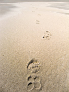Tracks of shoes in the sand centered in the image from front to back