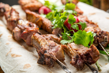 Assorted delicious grilled meat with vegetable on white plate  picnic table for family bbq party
