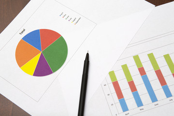 Business concept image. Sales figures on the paper sheet. Pie chart and analysis of sales.