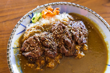 Delicious beef curry rice bowl.