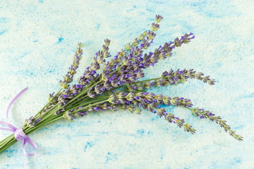 Lavender flower branches on  wooden table