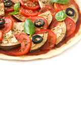 Vegetarian pizza with eggplant, tomato, black olives, oregano and basil isolated on white background