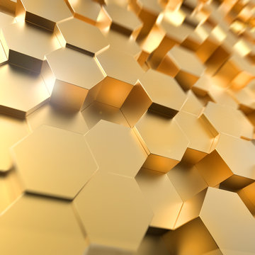 Abstract 3D Gold Hexagon 3D Background.