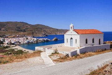 View of Andros town with beach, Andros island, Cyclades, Greece