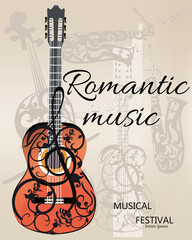 Abstract musical background with a guitar and treble clef, notes. 