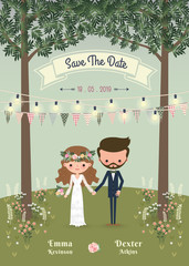 Rustic bohemian cartoon couple wedding invitation card in the fo