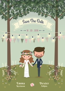 Rustic Bohemian Cartoon Couple Wedding Invitation Card In The Fo