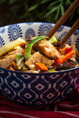 Bowl of fried chicken with vegetables.