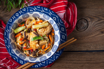 Bowl of fried chicken with vegetables.