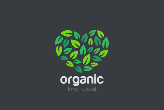 Leaves Eco Logo heart design. Organic Natural Garden Park icon