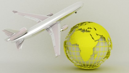 AIRPLANE AND MAP OF THE WORLD ( THE CONCEPT OF TOURISM, SHIPPING)