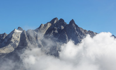 View of himalayan peaks in mist from Thame - Nepal