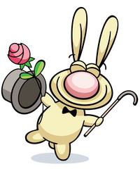 Cartoon rabbit with top hat and stick dancing