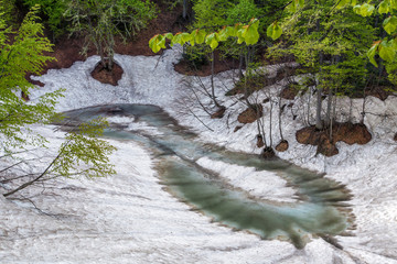 Small icy eight shaped mountain lake at spring. Beautiful scenic landscape of green forest, snow...