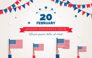 Happy Presidents` Day  flyer, banner or poster. Holiday background with waving flags, ribbon and bunting flags. Vector flat illustration