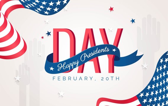 Happy Presidents` Day flyer, banner or poster. Holiday background with waving flags, text and hands up. Vector flat illustration