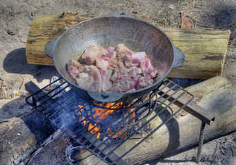 Fried meat on the fire in a frying pan