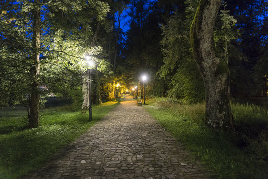 Lighted avenue in a park in the evening. Zakopane. Poland