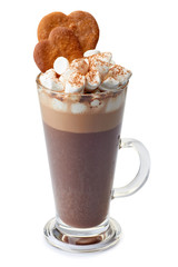 Hot chocolate with marshmallows and ginger cookies in glass cup on white