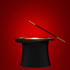 Magician hat with magic wand on red background. 3D rendering
