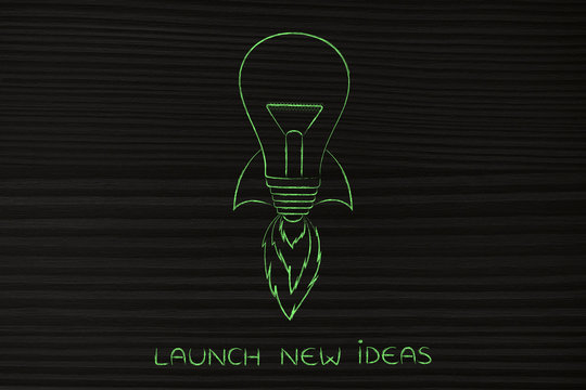 launch new ideas: lightbulb with rocket setup