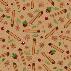 Christmas winter spice with cranberries. Decorative vector seamless pattern. Mulled wine theme.