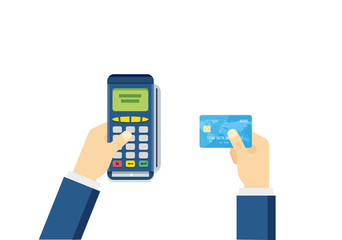 POS terminal and Credit card processing - illustration in flat style.