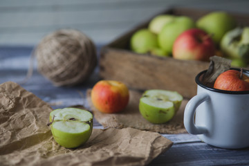 Apple on wooden board outdoors