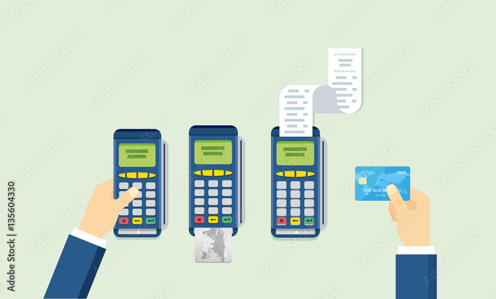 Wall mural POS terminal and Credit card processing - illustration in flat style.