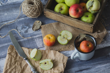 Apple on wooden board outdoors