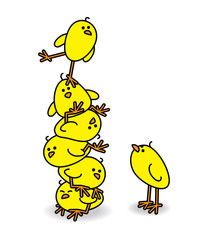 Stacking Chicks with one Standing on One Leg