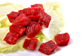 Raw sliced meat on a cabbage leaf