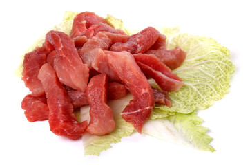 Raw sliced meat on a cabbage leaf