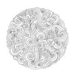 Abstract Round Sea Wave Mandala with curls, swirls, hairs, sea shells isolated on white background.