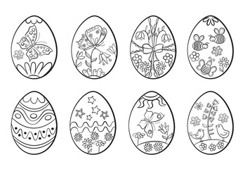 Set of decorative Easter eggs. Coloring page. 
