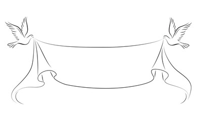 Doves carrying ribbon. Black outlines. 