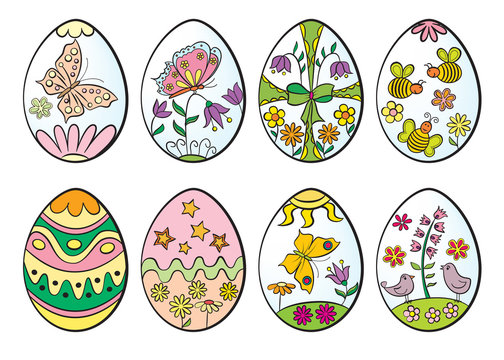 Set of decorative Easter eggs with hand drawn pictures. 