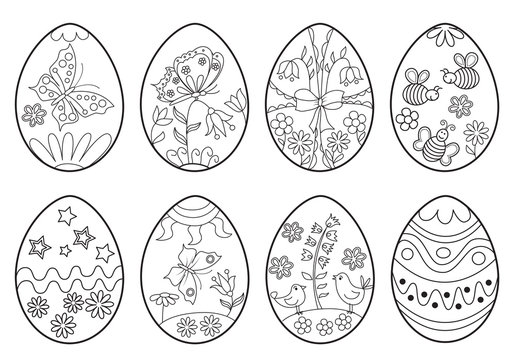 Set of decorative Easter eggs. Coloring page. 