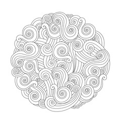 Abstract Round Sea Wave Mandala with curls, swirls, hairs isolated on white background. - 135607358