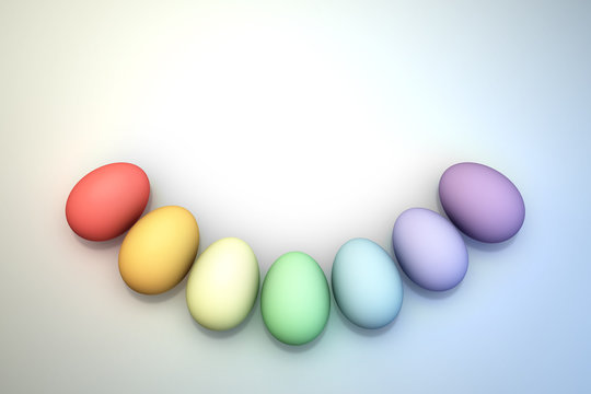 An Arc of Pastel Rainbow Colored 3D Illustrated Easter Eggs over a Bright Background.  Lots of room for copy or graphics.